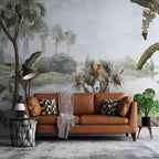 Tropical Lake Parrots Wallpaper : Palms and Banana Trees Mural - View 6