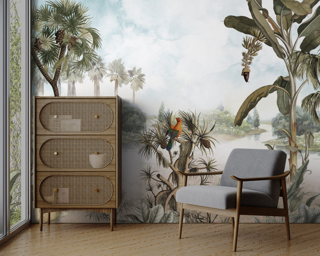 Tropical Lake Parrots Wallpaper : Palms and Banana Trees Mural - View 5