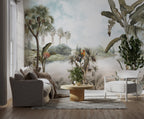 Tropical Lake Parrots Wallpaper : Palms and Banana Trees Mural