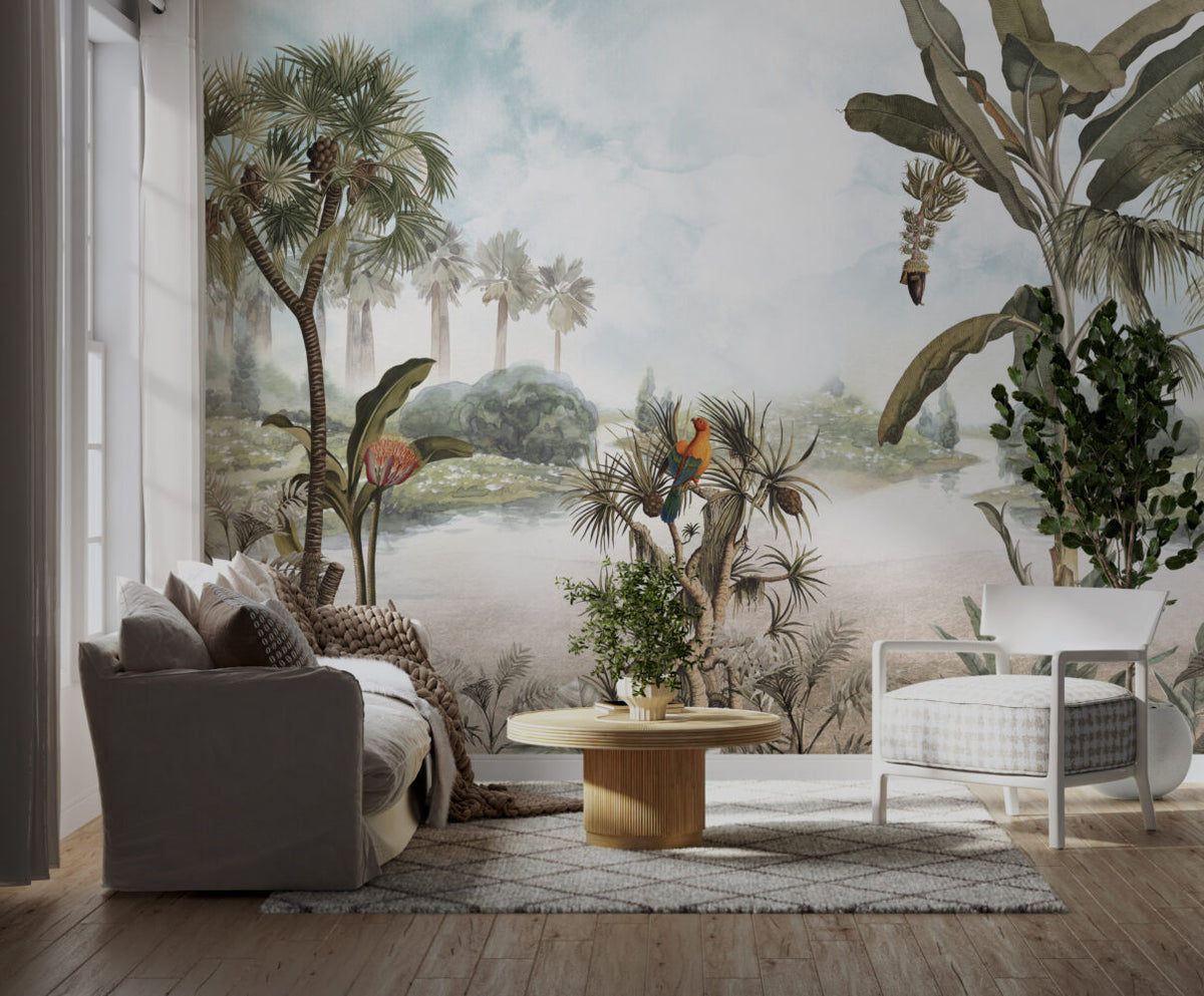 Tropical Lake Parrots Wallpaper : Palms and Banana Trees Mural