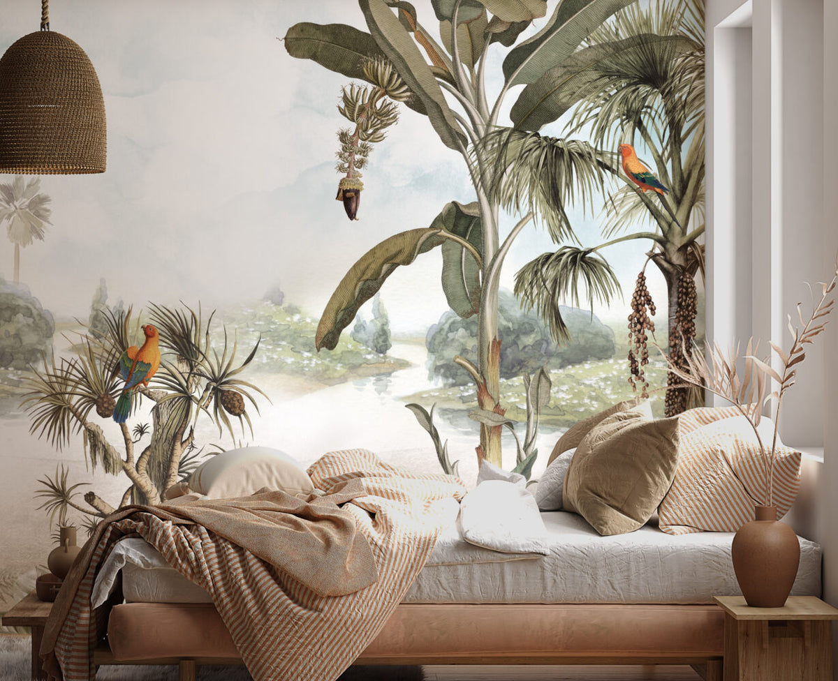Tropical Lake Parrots Wallpaper : Palms and Banana Trees Mural - View 4