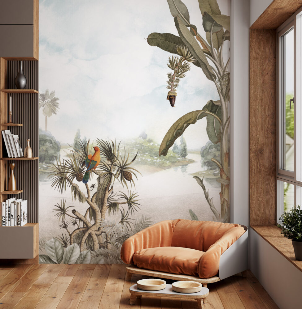 Tropical Lake Parrots Wallpaper : Palms and Banana Trees Mural - View 3