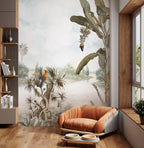Tropical Lake Parrots Wallpaper : Palms and Banana Trees Mural - View 3