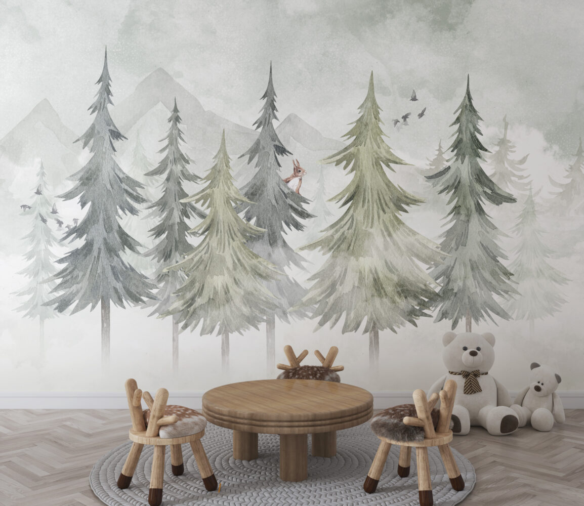Soft Pine Forest Wallpaper : Watercolor Fir Trees Mural - View 3