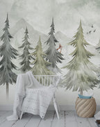 Soft Pine Forest Wallpaper : Watercolor Fir Trees Mural - View 4