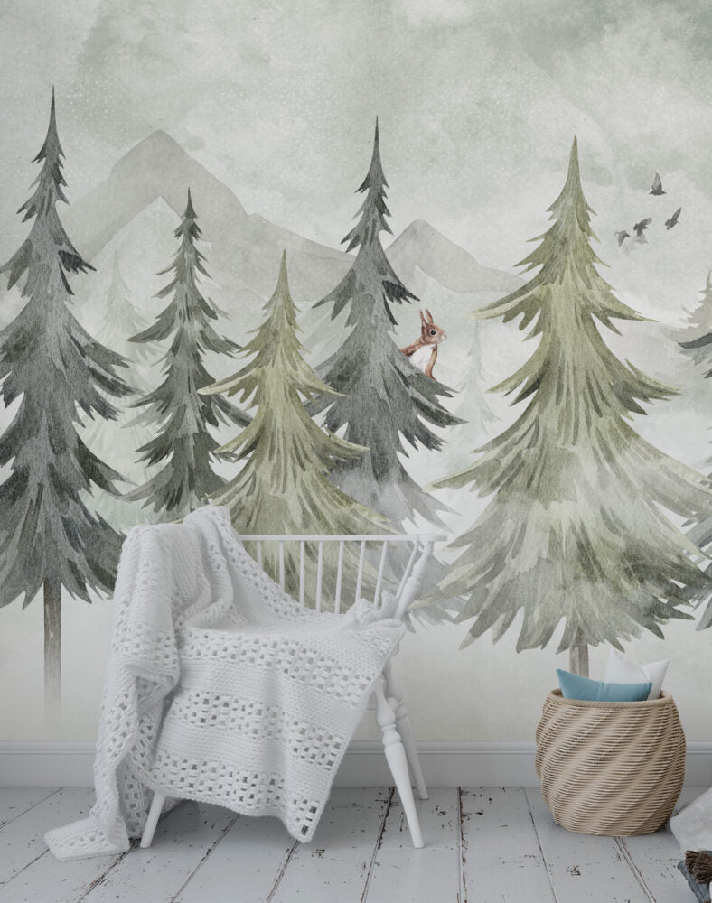 Soft Pine Forest Wallpaper : Watercolor Fir Trees Mural - View 4