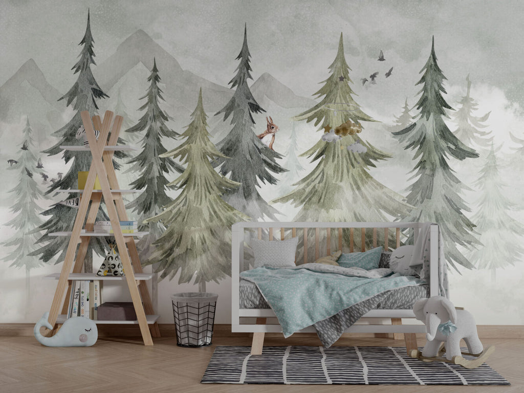Soft Pine Forest Wallpaper : Watercolor Fir Trees Mural - View 5