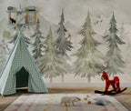 Soft Pine Forest Wallpaper : Watercolor Fir Trees Mural