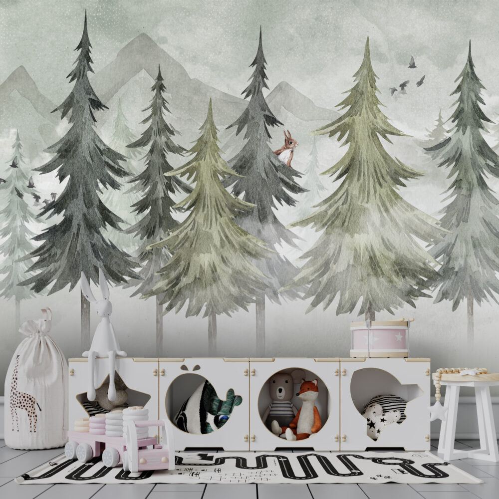 Soft Pine Forest Wallpaper : Watercolor Fir Trees Mural - View 6