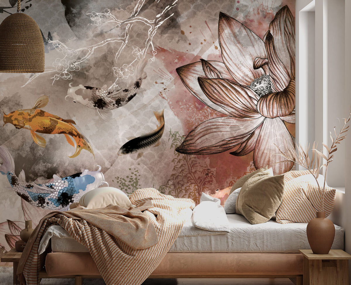 Koi Fish Wallpaper : Floating Among Flowers Art Mural - View 6