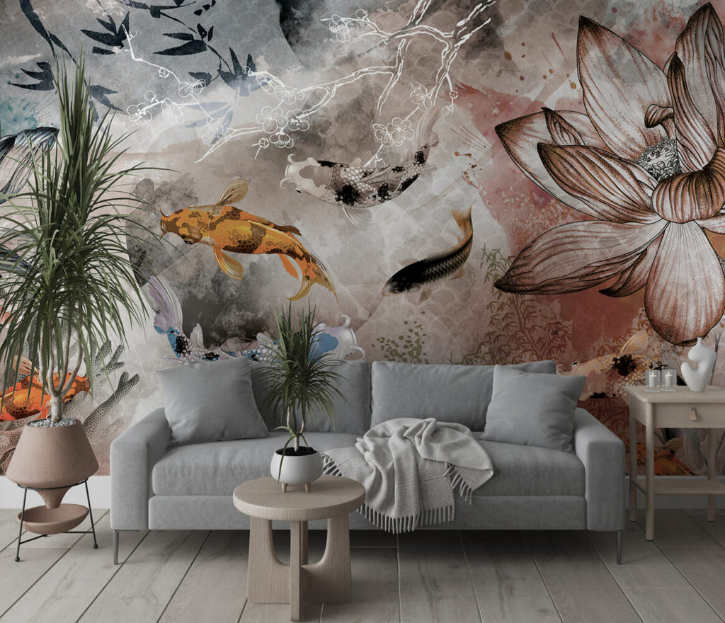 Koi Fish Wallpaper : Floating Among Flowers Art Mural - View 5