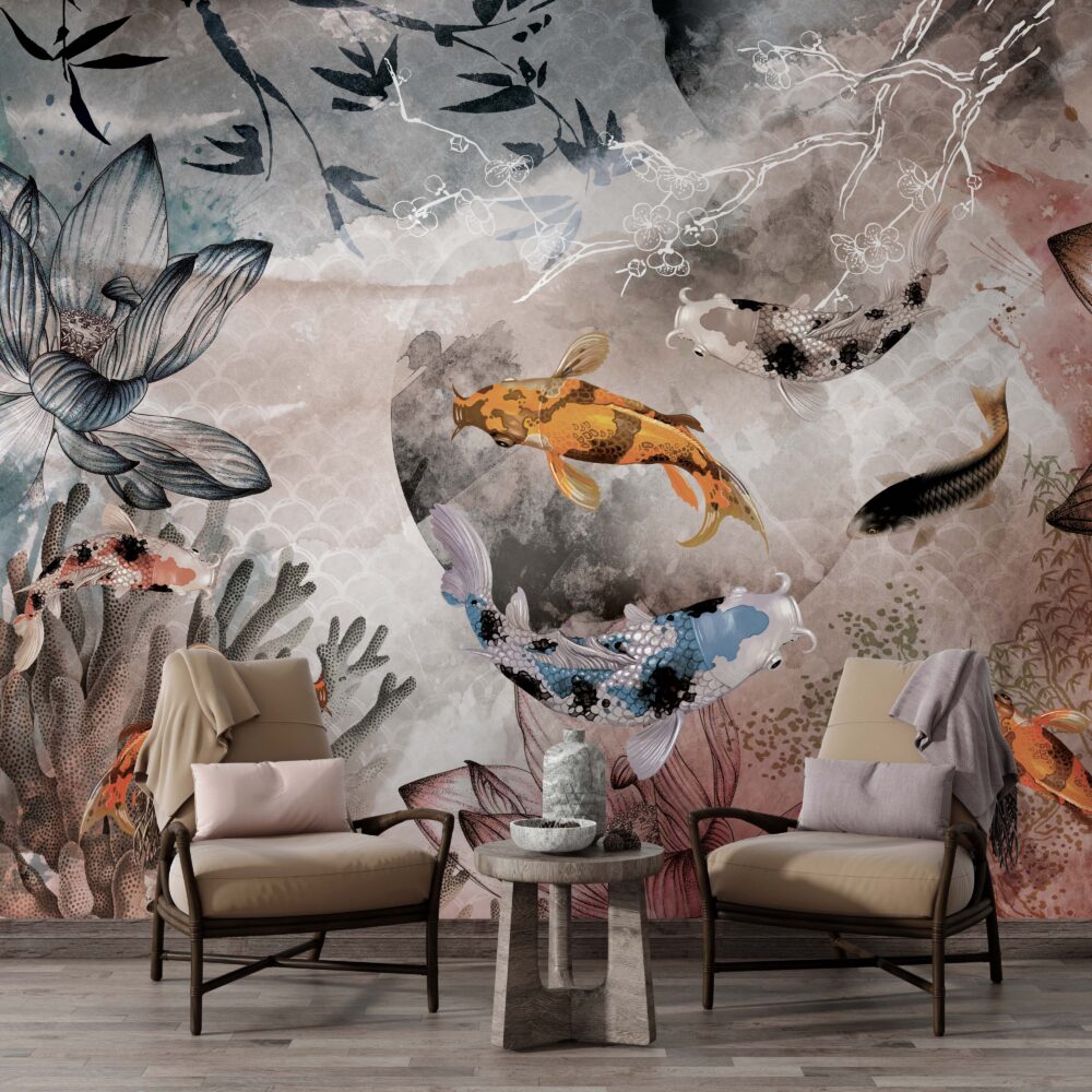 Koi Fish Wallpaper : Floating Among Flowers Art Mural