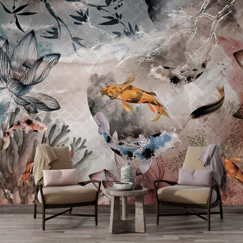 Koi Fish Wallpaper : Floating Among Flowers Art Mural