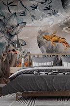 Koi Fish Wallpaper : Floating Among Flowers Art Mural - View 3