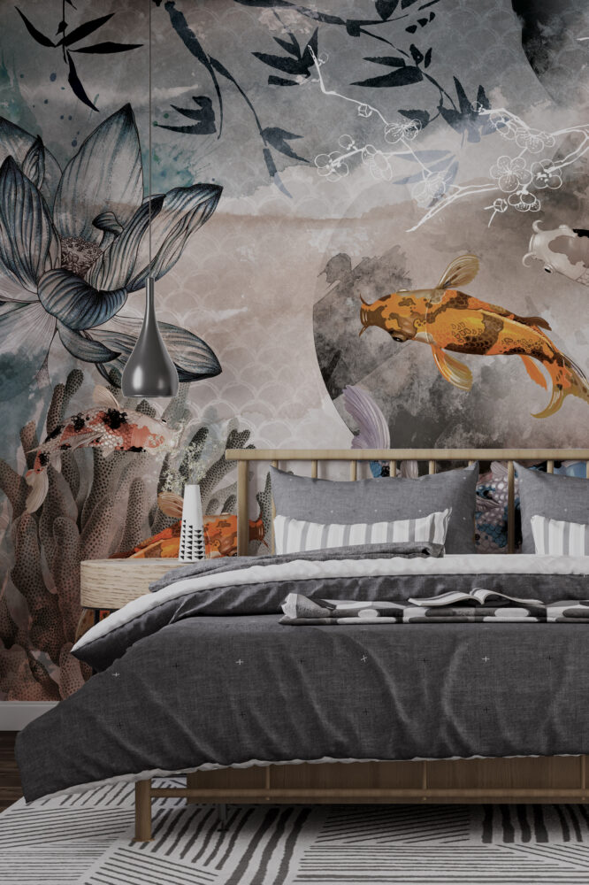 Koi Fish Wallpaper : Floating Among Flowers Art Mural - View 3