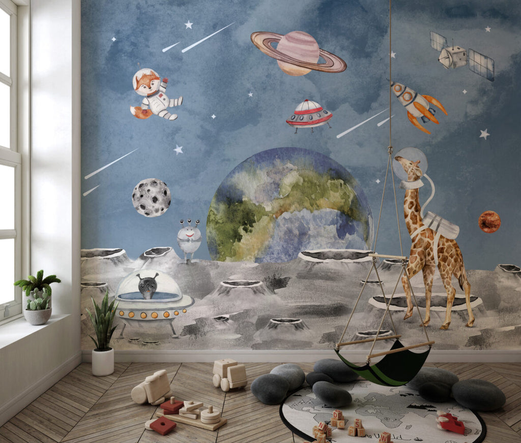 Space Safari Wallpaper : Astronaut Animals and Planets Mural - View 5