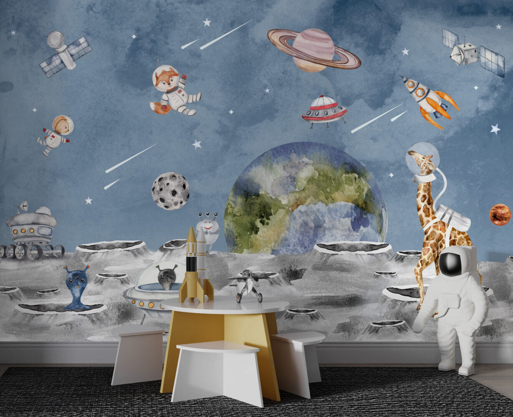 Space Safari Wallpaper : Astronaut Animals and Planets Mural - View 4