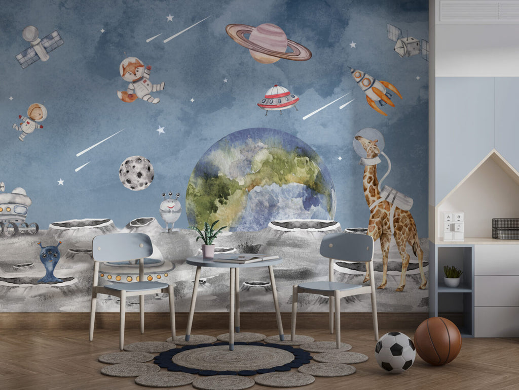 Space Safari Wallpaper : Astronaut Animals and Planets Mural - View 3