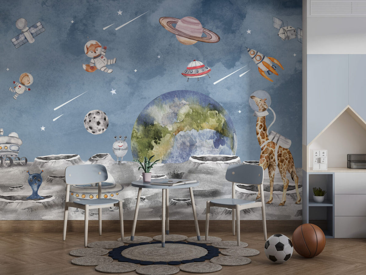 Space Safari Wallpaper : Astronaut Animals and Planets Mural - View 3