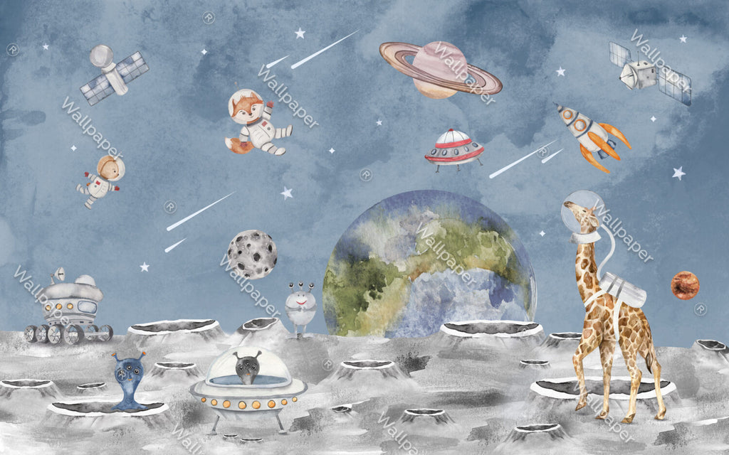 Space Safari Wallpaper : Astronaut Animals and Planets Mural - View 2