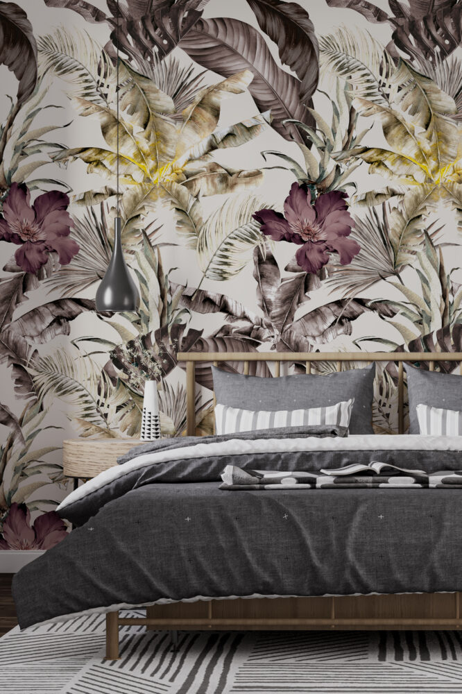 Tropical Leaf Lily Wallpaper : Muted Banana Leaves Mural - View 3