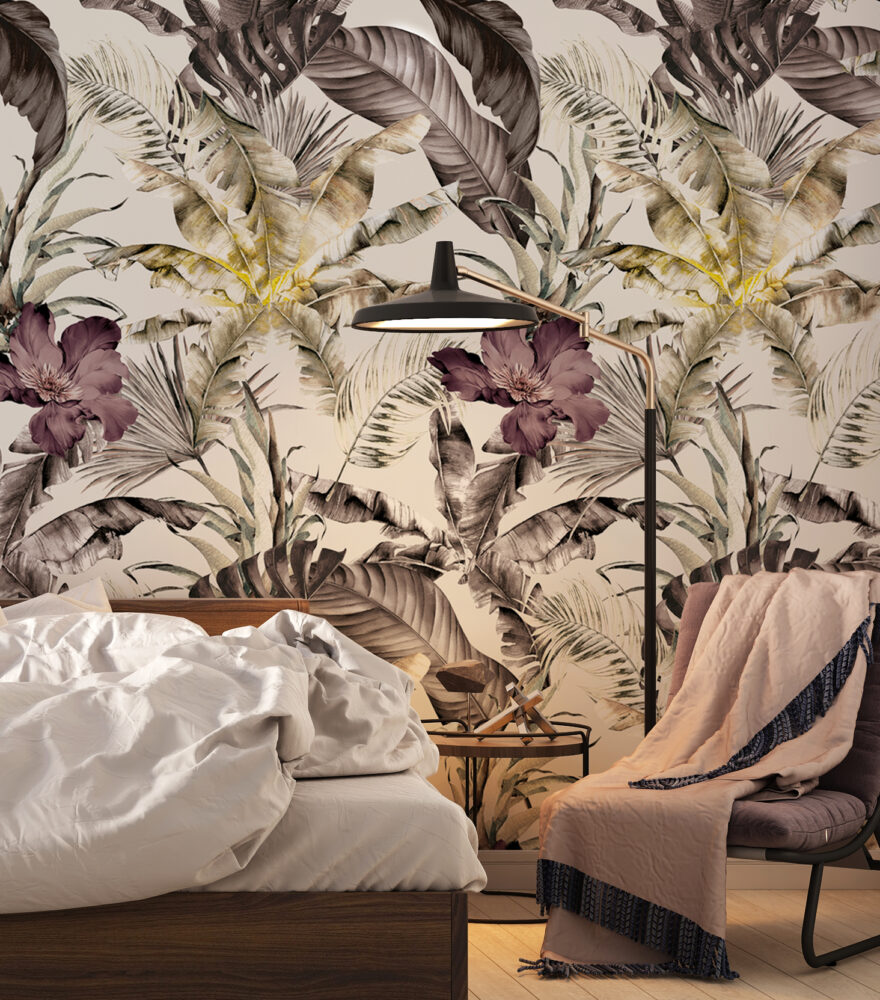Tropical Leaf Lily Wallpaper : Muted Banana Leaves Mural - View 5