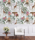 Safari Garden Wallpaper : Giraffe, Leopard and Roses Mural