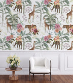 Safari Garden Wallpaper : Giraffe, Leopard and Roses Mural
