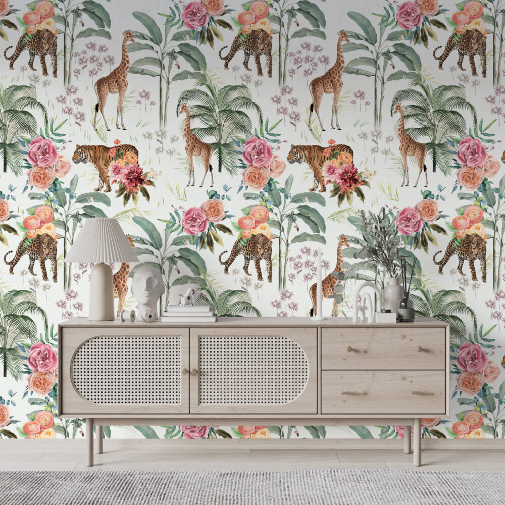 Safari Garden Wallpaper : Giraffe, Leopard and Roses Mural - View 3