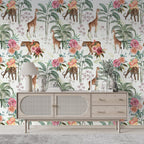 Safari Garden Wallpaper : Giraffe, Leopard and Roses Mural - View 3