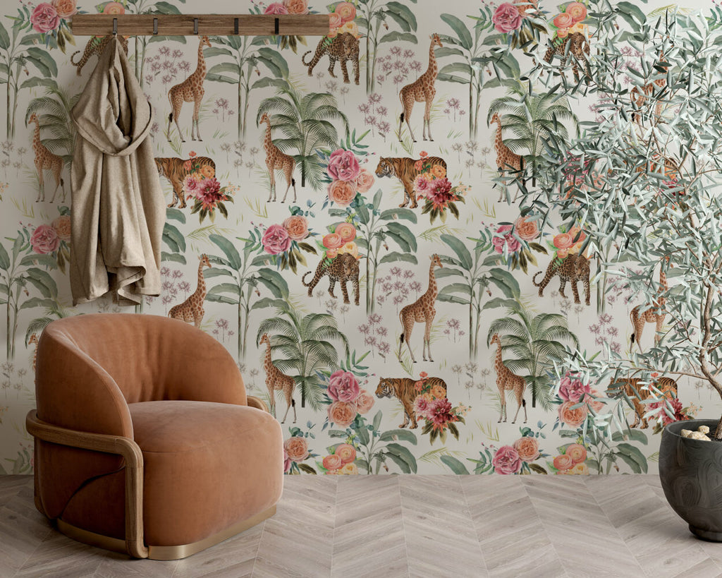 Safari Garden Wallpaper : Giraffe, Leopard and Roses Mural - View 4