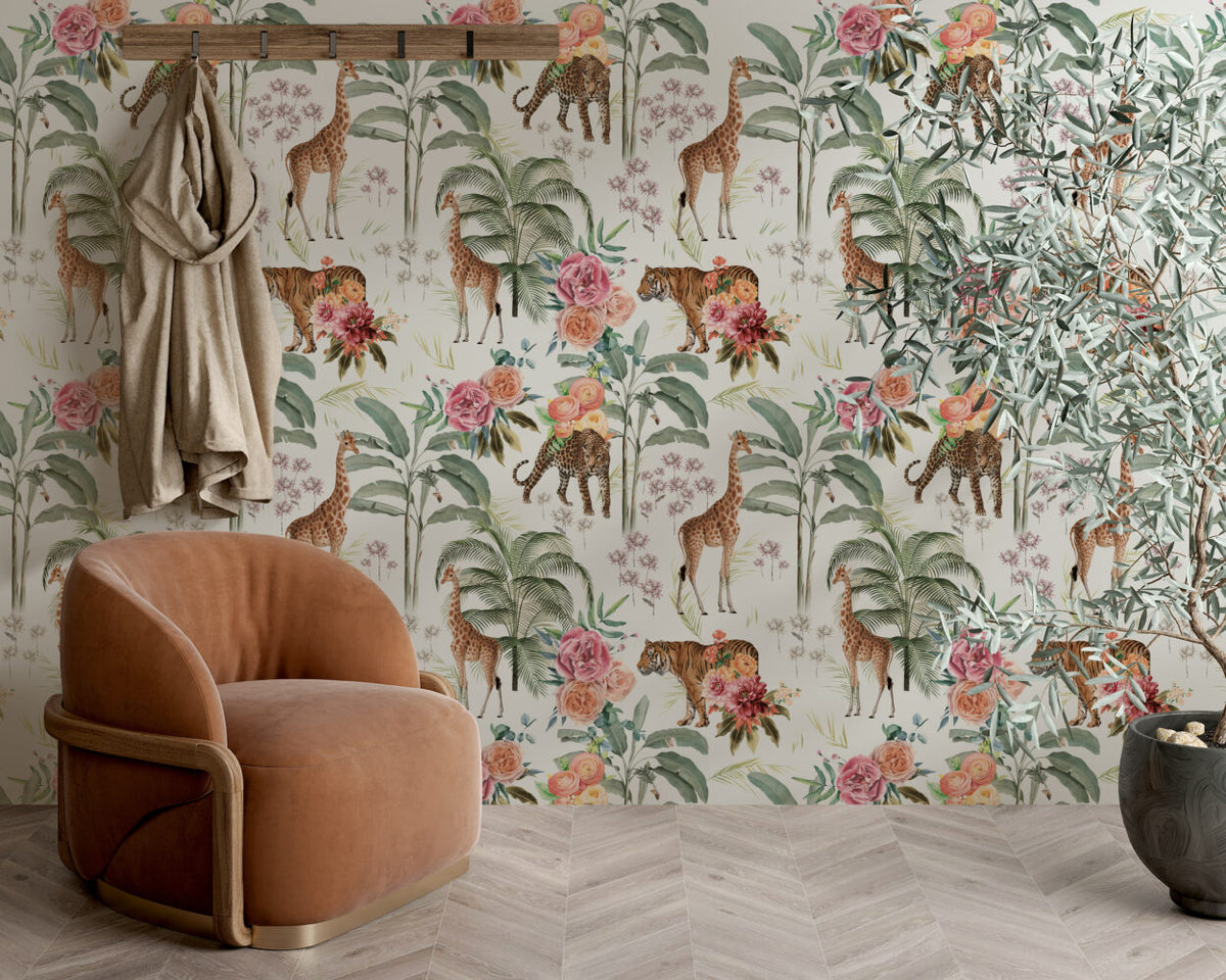 Safari Garden Wallpaper : Giraffe, Leopard and Roses Mural - View 4