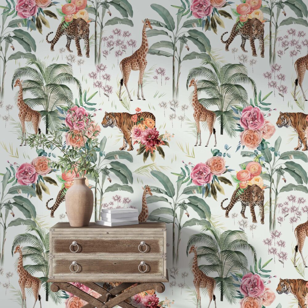 Safari Garden Wallpaper : Giraffe, Leopard and Roses Mural - View 5