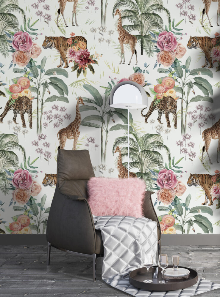 Safari Garden Wallpaper : Giraffe, Leopard and Roses Mural - View 6