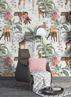Safari Garden Wallpaper : Giraffe, Leopard and Roses Mural - View 6