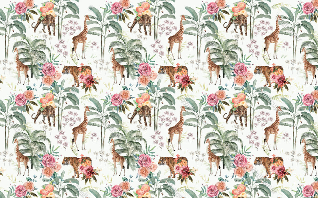 Safari Garden Wallpaper : Giraffe, Leopard and Roses Mural - View 2