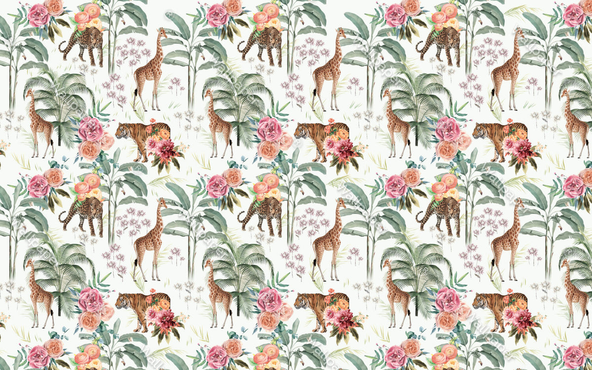 Safari Garden Wallpaper : Giraffe, Leopard and Roses Mural - View 2