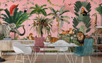 Pink Jungle Animals Wallpaper : Tiger, Lion and Palms Mural
