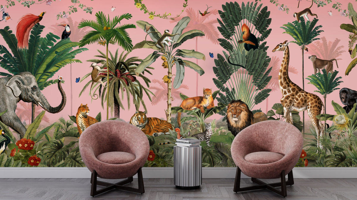 Pink Jungle Animals Wallpaper : Tiger, Lion and Palms Mural - View 6
