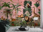 Pink Jungle Animals Wallpaper : Tiger, Lion and Palms Mural - View 5