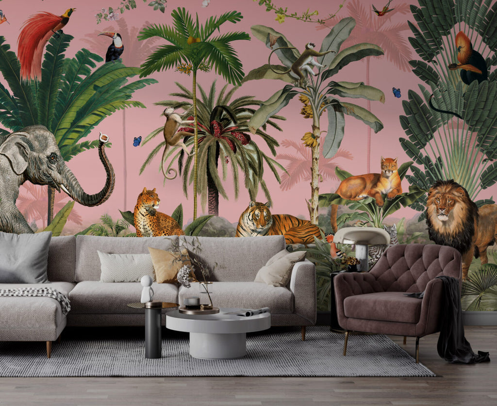 Pink Jungle Animals Wallpaper : Tiger, Lion and Palms Mural - View 4