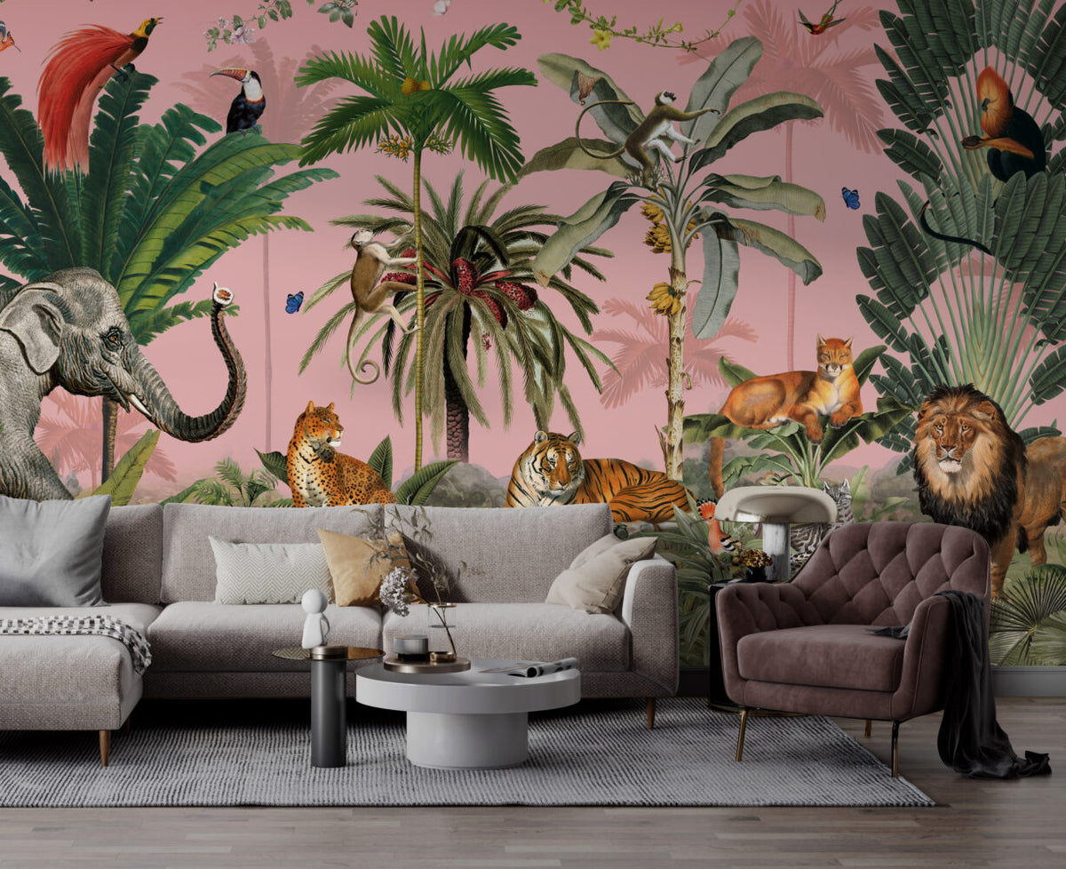 Pink Jungle Animals Wallpaper : Tiger, Lion and Palms Mural - View 4