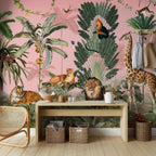 Pink Jungle Animals Wallpaper : Tiger, Lion and Palms Mural - View 3