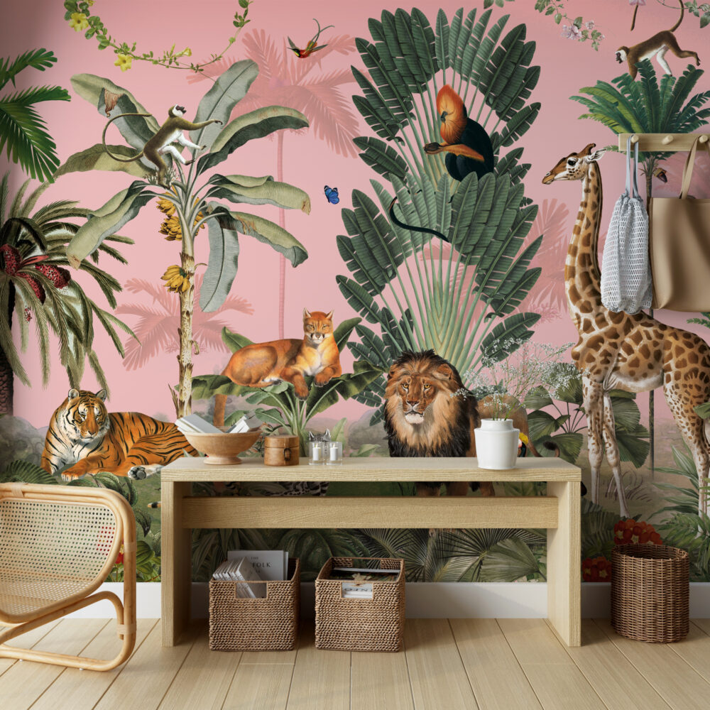 Pink Jungle Animals Wallpaper : Tiger, Lion and Palms Mural - View 3