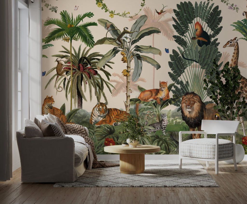 Beige Jungle Animals Wallpaper : Tiger, Lion and Giraffe Mural - View 3