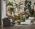 Beige Jungle Animals Wallpaper : Tiger, Lion and Giraffe Mural - View 3