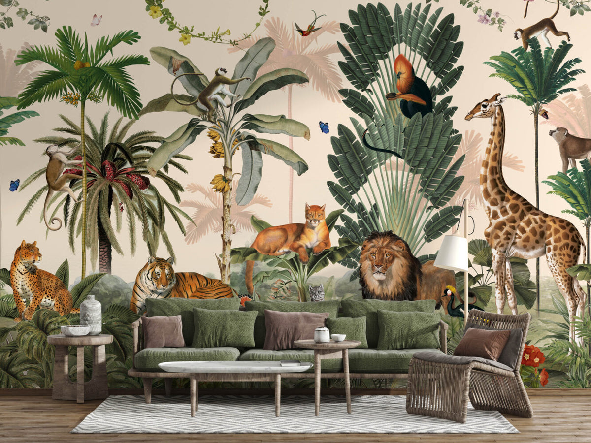 Beige Jungle Animals Wallpaper : Tiger, Lion and Giraffe Mural