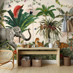 Beige Jungle Animals Wallpaper : Tiger, Lion and Giraffe Mural - View 4