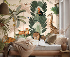 Beige Jungle Animals Wallpaper : Tiger, Lion and Giraffe Mural - View 6