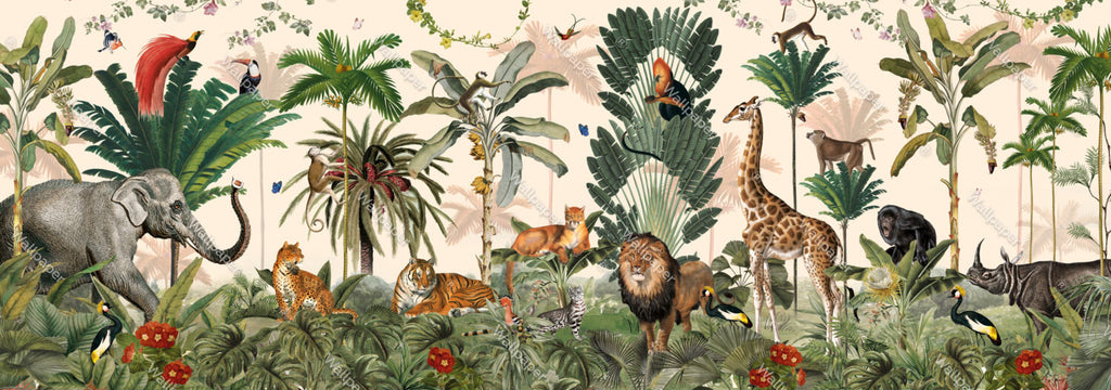 Beige Jungle Animals Wallpaper : Tiger, Lion and Giraffe Mural - View 2